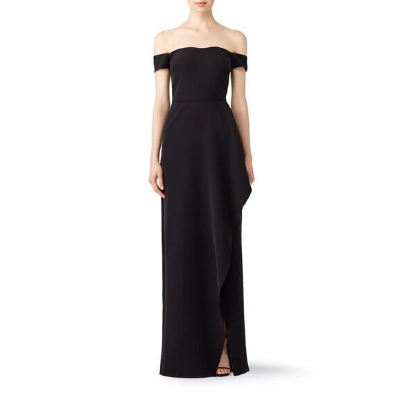 JS Collections Off Shoulder Split Gown Ruffle Maxi Evening Dress Black Size 6 - Picture 1 of 10